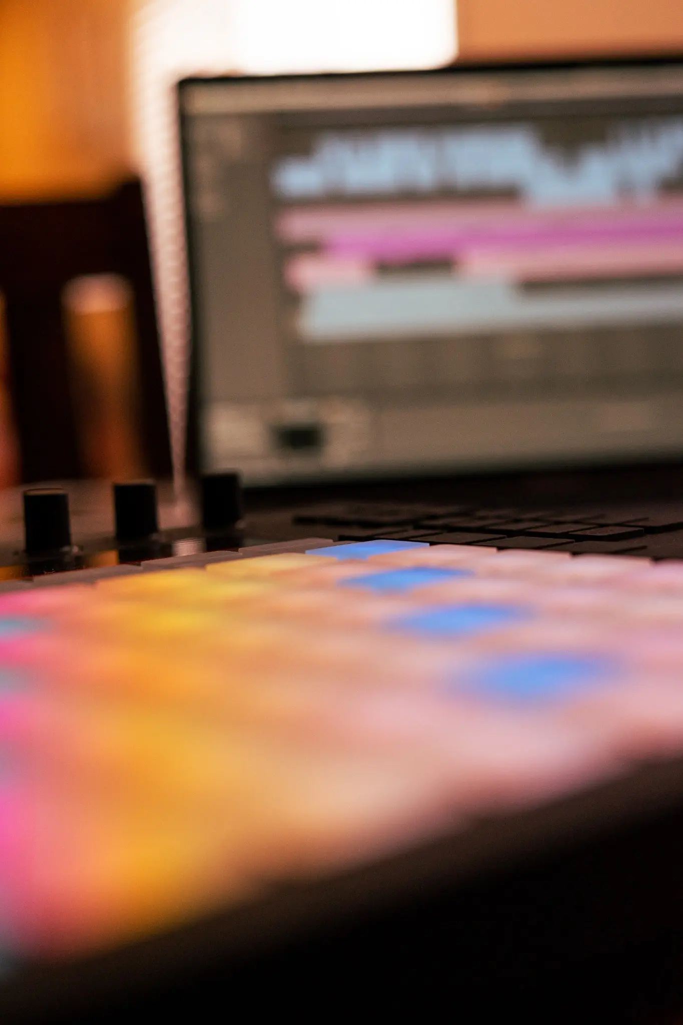 Controller MIDI con pad luminosi e computer portatile