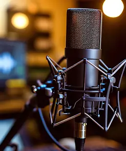 Microfono da studio professionale con sfondo sfocato