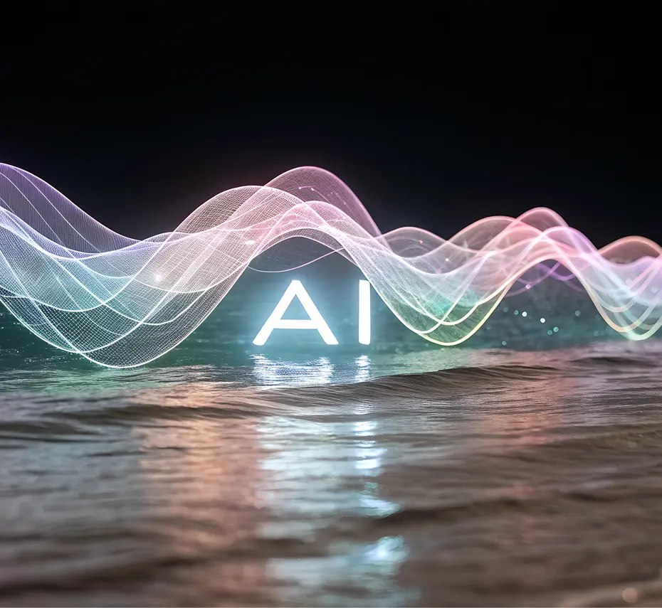 Onde luminose colorate con la scritta AI sopra l’acqua